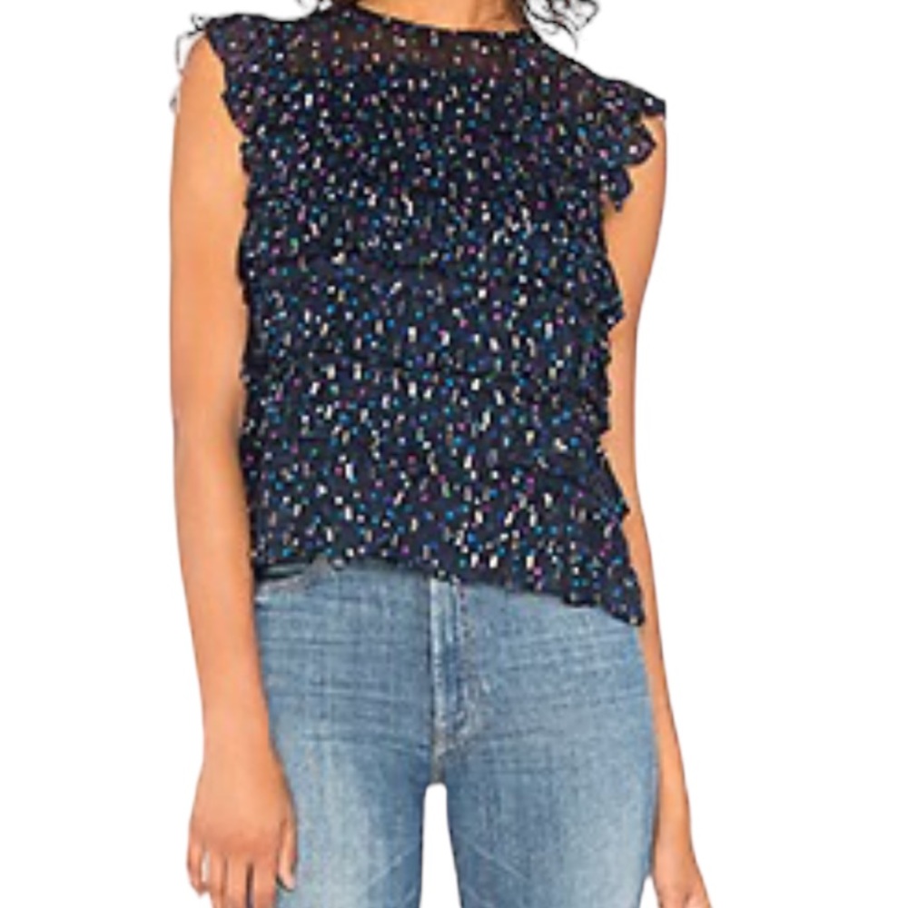 Rebecca Taylor Navy Blue Silk Speckled Dot Metallic Clip Ruffle Blouse 6